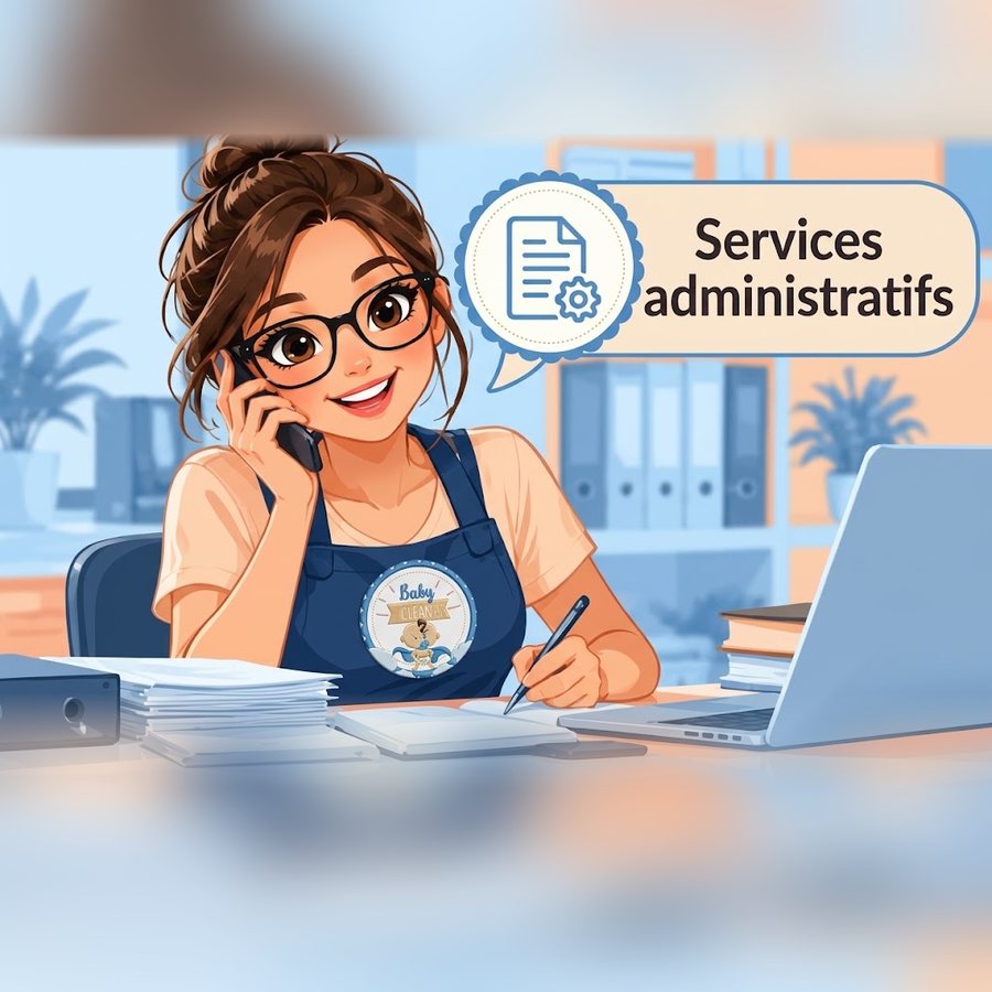 Illustration : une intervenante Baby Clean au bureau, au téléphone, remplit un dossier