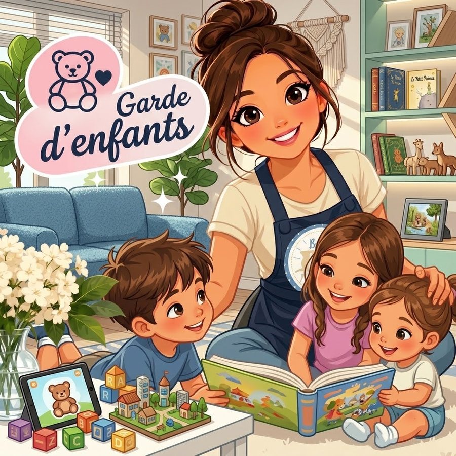 Illustration : une intervenante Baby Clean lit une histoire à trois enfants dans le salon