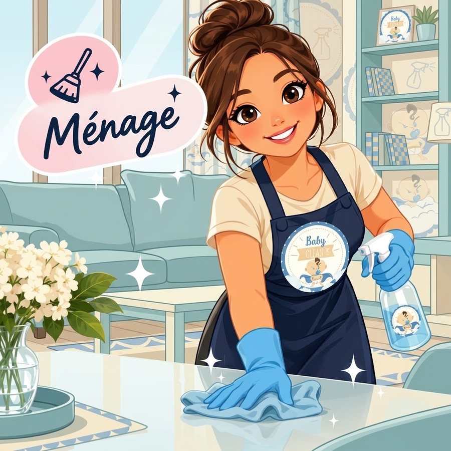 Illustration : une intervenante Baby Clean essuie la table du salon