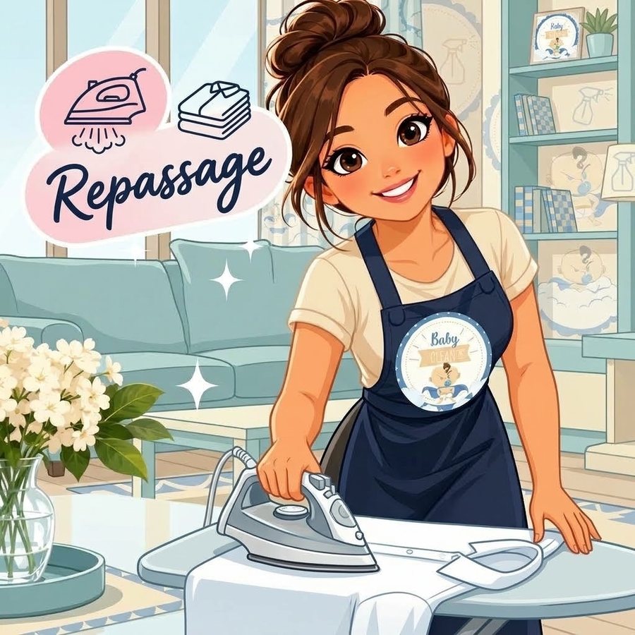 Illustration : une intervenante Baby Clean repasse une chemise sur une table à repasser